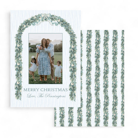 Blue Garland Arch & Watercolor Stripe Holiday Card