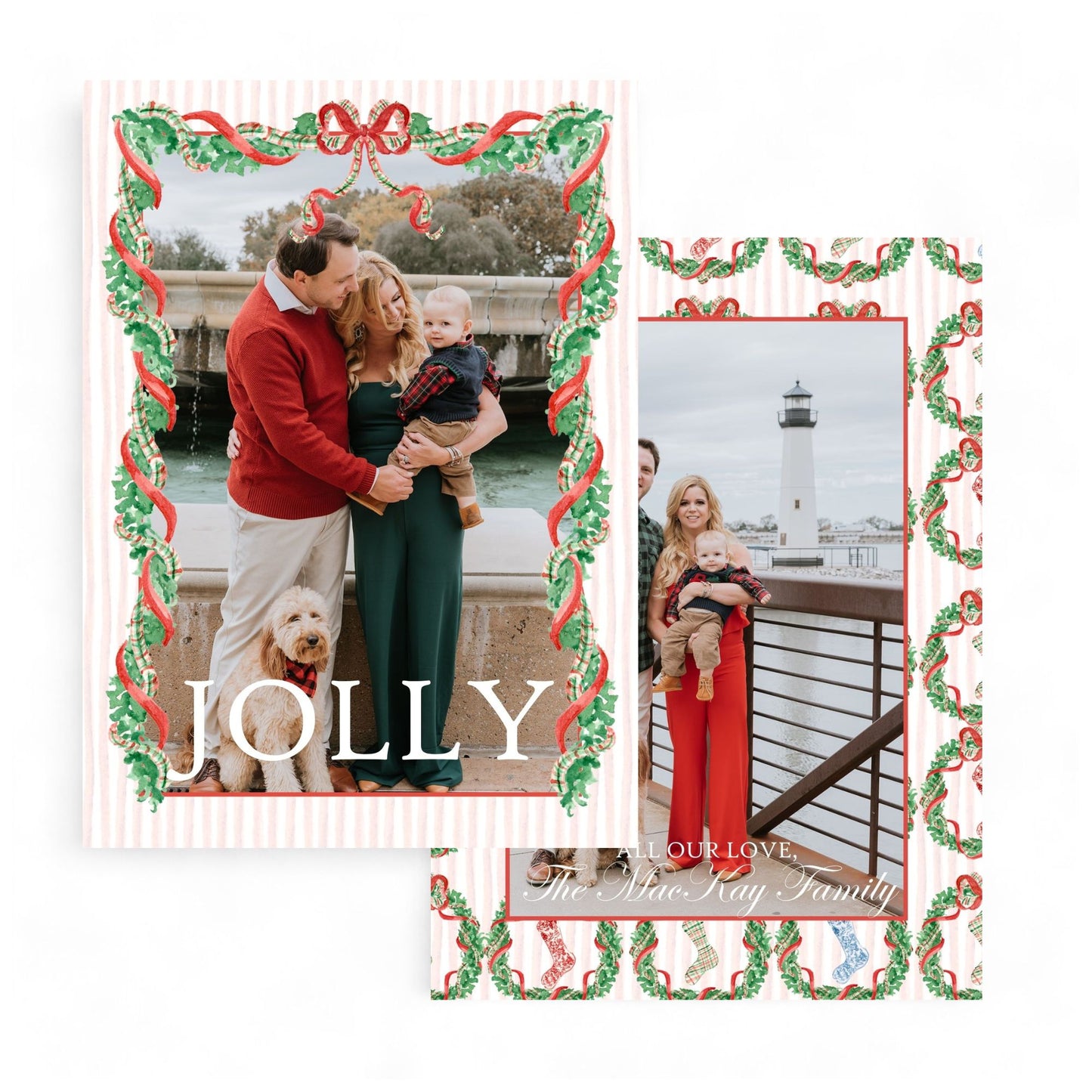 Classic Red & Green Garland & Adorable Stockings Holiday Card