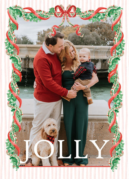 Classic Red & Green Garland & Adorable Stockings Holiday Card