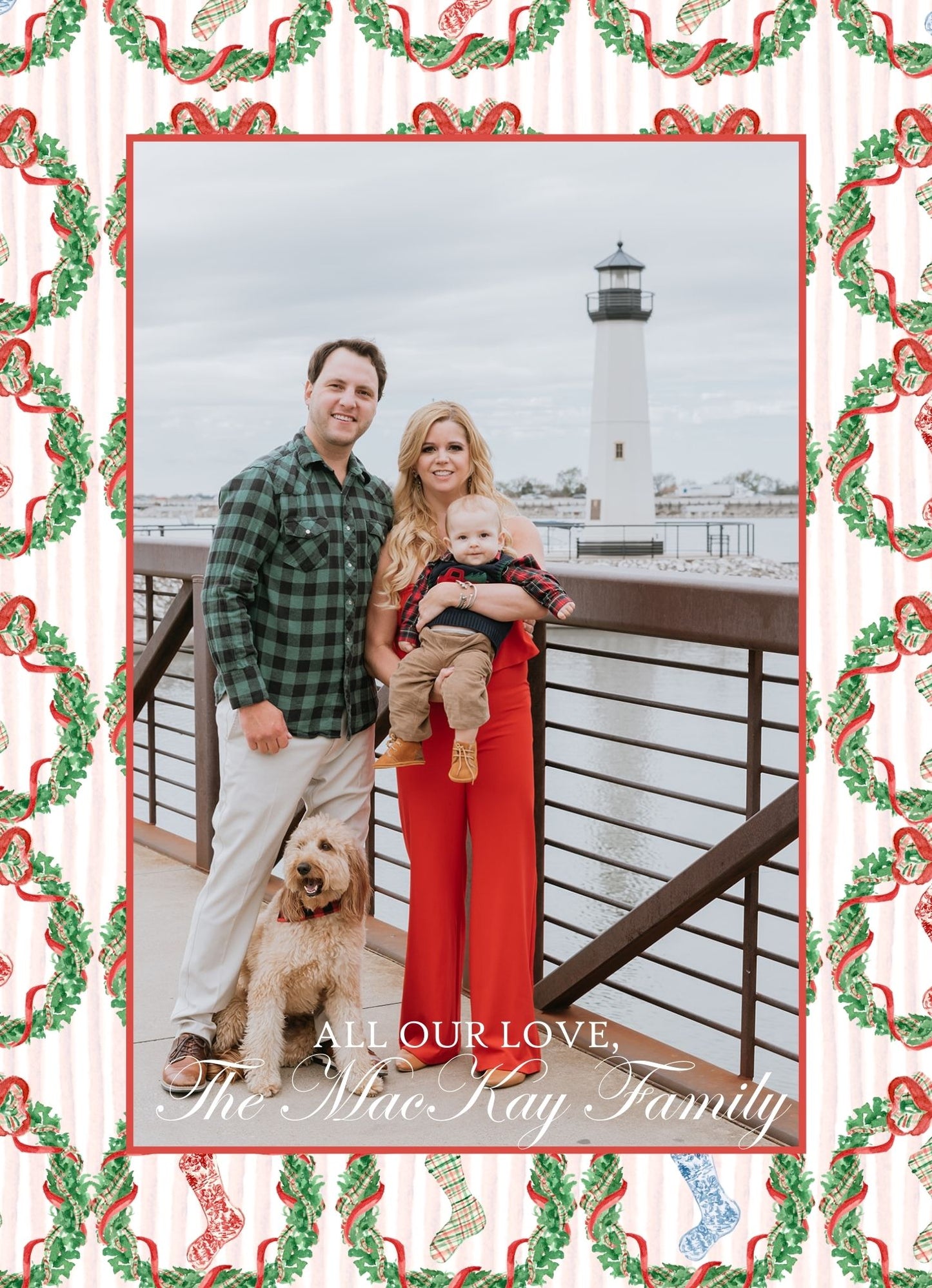 Classic Red & Green Garland & Adorable Stockings Holiday Card