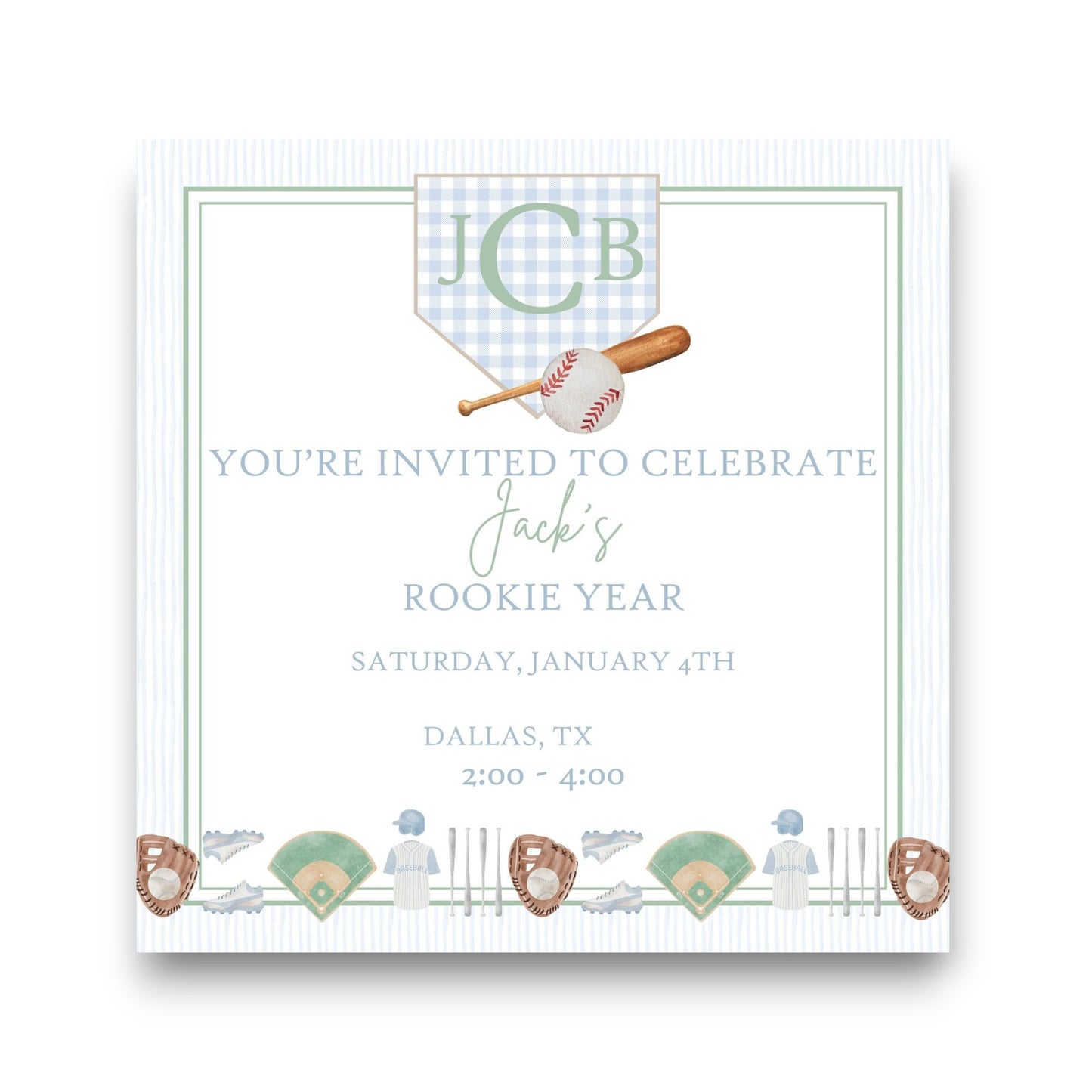 Baby Jack's Rookie Year Square First Birthday Party Invitation